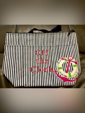 Striped Navy & White Tote with Pink Embroidered 'Off the Clock'